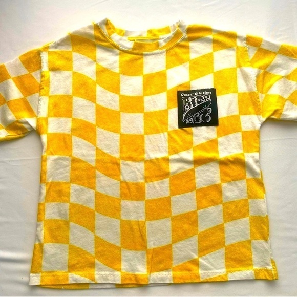 Zara “C’mon! This Time Ride It” Checkerboard Yellow and White Shirt Size 6 - Picture 1 of 4